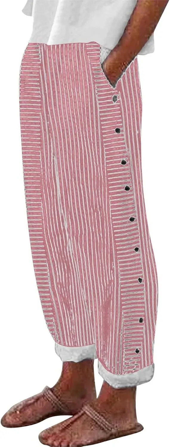 Linen Pants for Women Casual Pants Striped Side Button Plus Size Trendy Spring Summer Gauze Baggy Trousers with Pocket