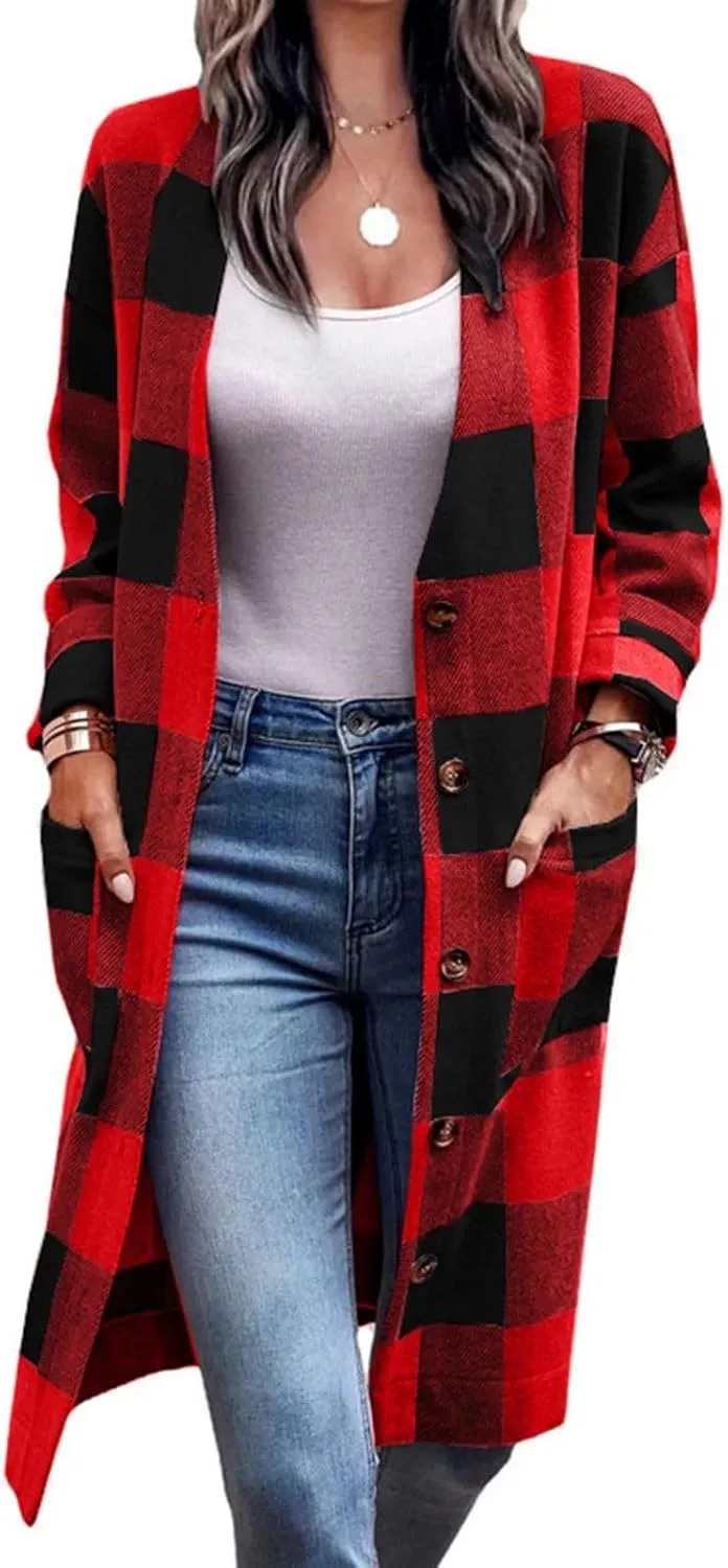 Long Flannel Jacket Women Plaid Shacket Shirt Casual Button Wool Blend Winter Tartan Trench Coat Oversized with Pocket