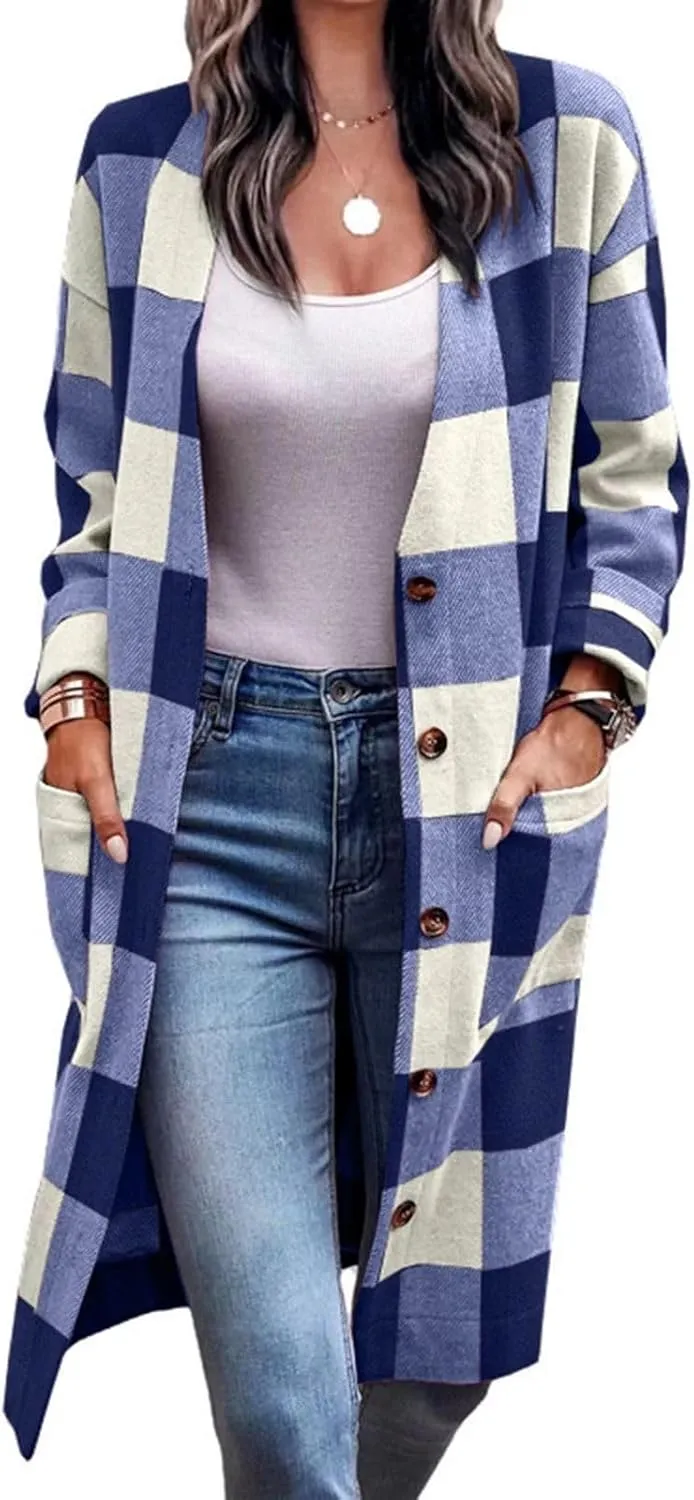 Long Flannel Jacket Women Plaid Shacket Shirt Casual Button Wool Blend Winter Tartan Trench Coat Oversized with Pocket