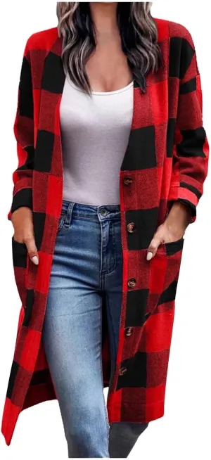 Long Flannel Jacket Women Plaid Shacket Shirt Casual Button Wool Blend Winter Tartan Trench Coat Oversized with Pocket