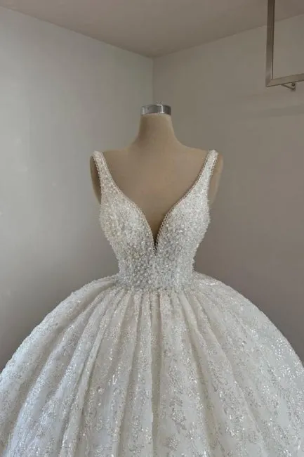 Luxurious Princess Long A-line V-neck Lace Beading Sleeveless Wedding Dresses with Glitter