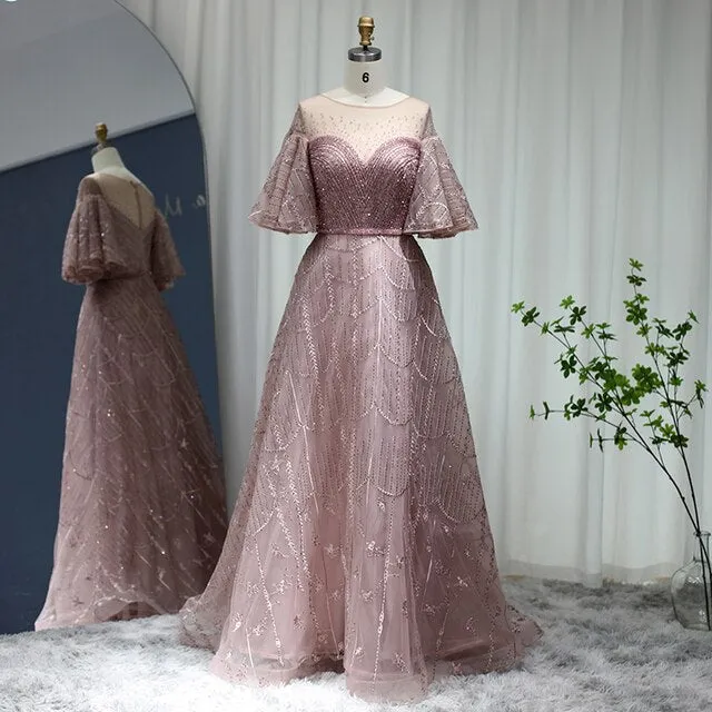 Luxury Pink Flare Sleeve Evening Dress SS057