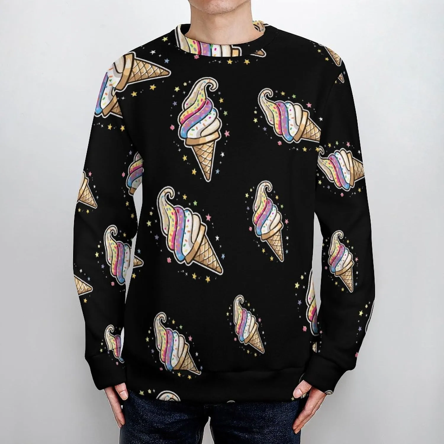 Magic Ice Cream Cone Crew Neck Sweater Oversized Long Sleeve Pure Cotton Casual Knit Pullover Sweatshirt