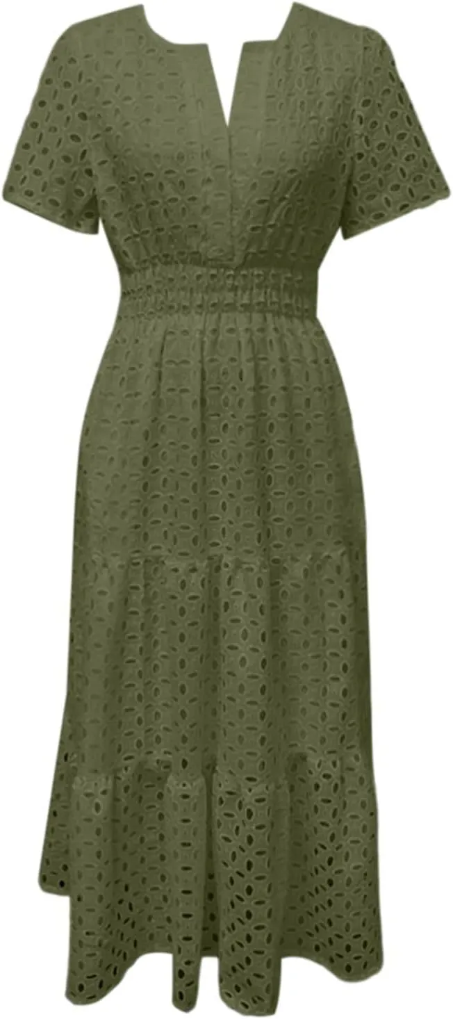 Maxi Long Dresses for Women 2025 Summer Short Sleeve Sundress Casual V Neck Hollow Out Eyelet Ruffle Swing A Line Dress