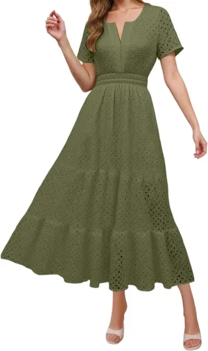 Maxi Long Dresses for Women 2025 Summer Short Sleeve Sundress Casual V Neck Hollow Out Eyelet Ruffle Swing A Line Dress