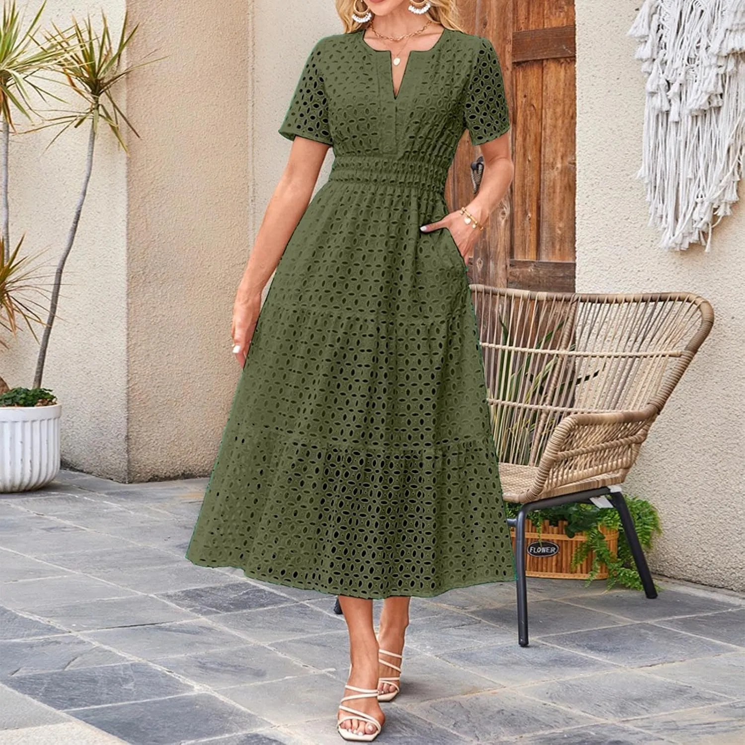 Maxi Long Dresses for Women 2025 Summer Short Sleeve Sundress Casual V Neck Hollow Out Eyelet Ruffle Swing A Line Dress