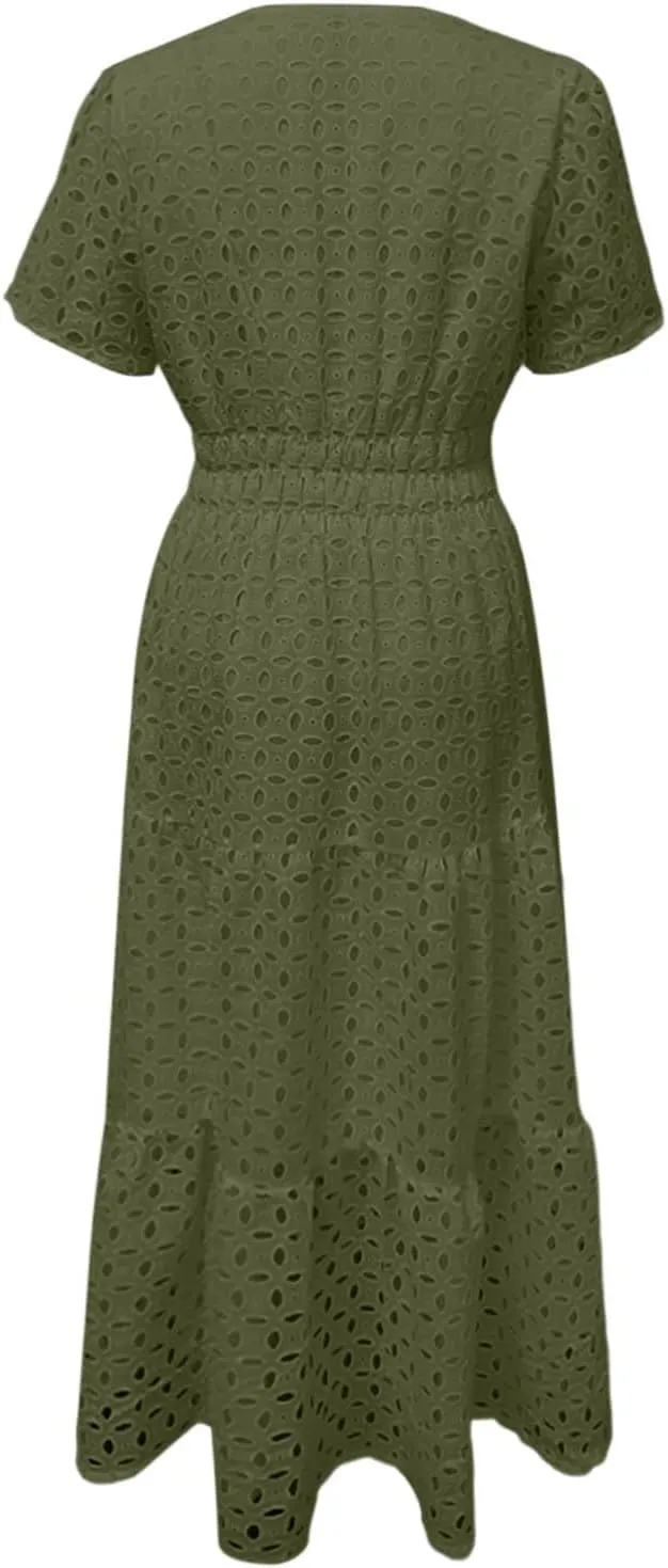Maxi Long Dresses for Women 2025 Summer Short Sleeve Sundress Casual V Neck Hollow Out Eyelet Ruffle Swing A Line Dress