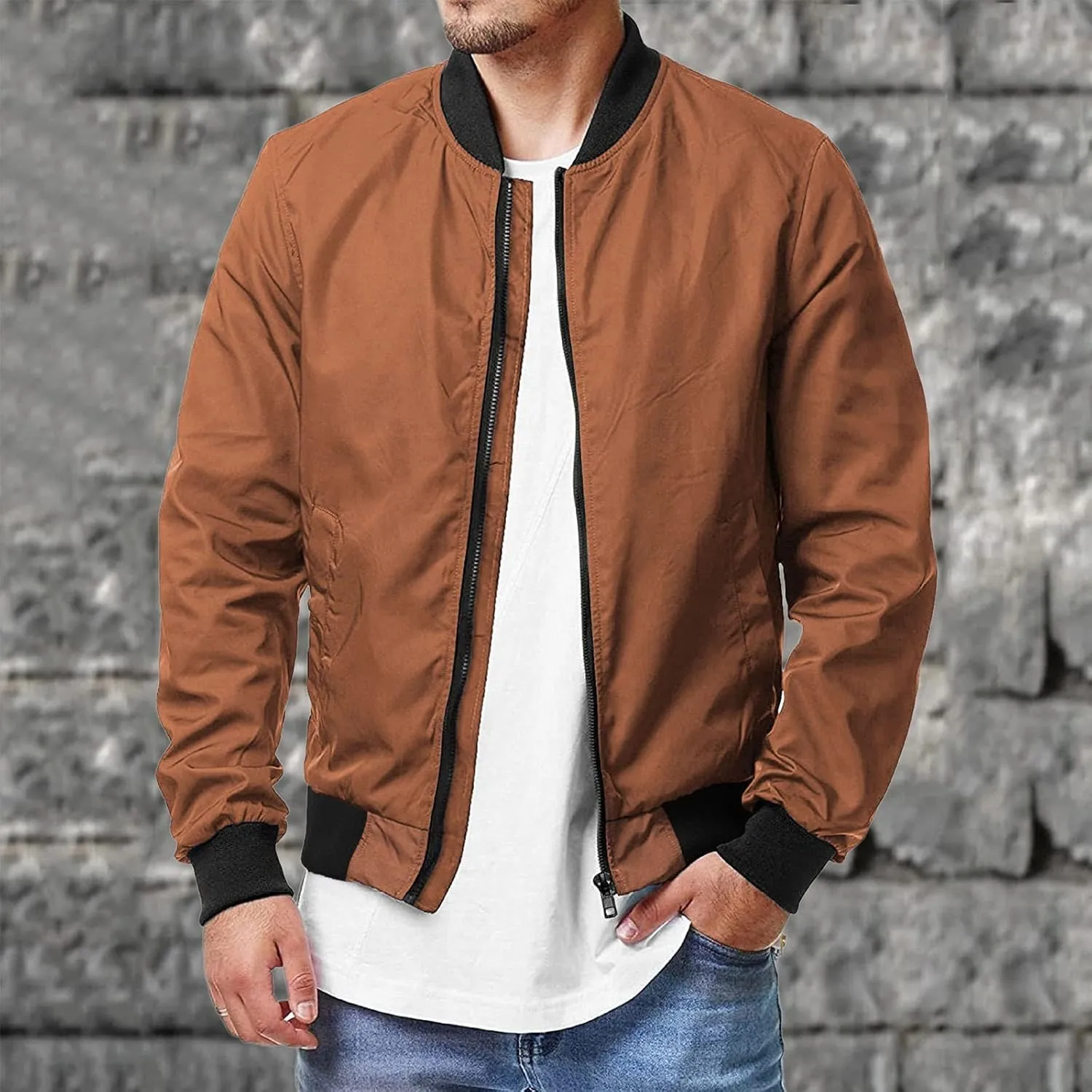 Men Bomber Jackets Lightweight Windbreaker Varsity Jacket Casual Fleece Flight Fashion Winter Fall Coat with Pocket