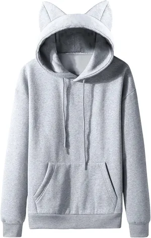 Men Fleece Pullover Cat Ears Hoodies Unisex Fashion Casual Solid Hooded Sweatshirt Women with Pocket Sweater Long Sleeve Tops