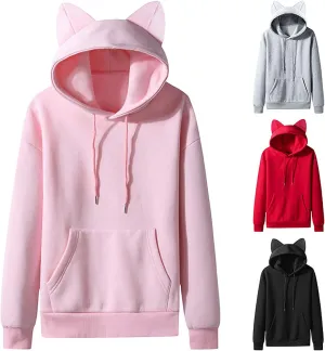 Men Fleece Pullover Cat Ears Hoodies Unisex Fashion Casual Solid Hooded Sweatshirt Women with Pocket Sweater Long Sleeve Tops
