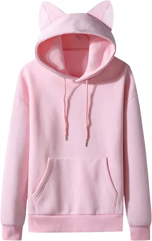 Men Fleece Pullover Cat Ears Hoodies Unisex Fashion Casual Solid Hooded Sweatshirt Women with Pocket Sweater Long Sleeve Tops