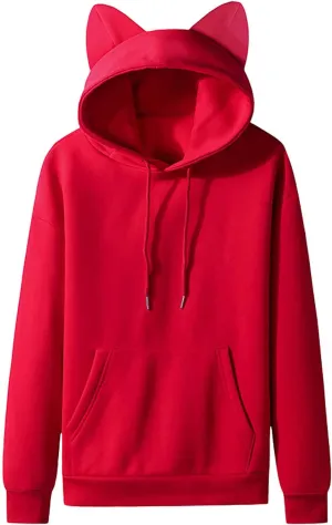 Men Fleece Pullover Cat Ears Hoodies Unisex Fashion Casual Solid Hooded Sweatshirt Women with Pocket Sweater Long Sleeve Tops