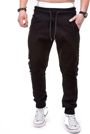 Men Slim Fit Casual Jogger Athletic Long Pant Hip Hop Chino Pocket Trousers Drawstring Outdoor Work Military Tactical Pants (Black,X-Large)