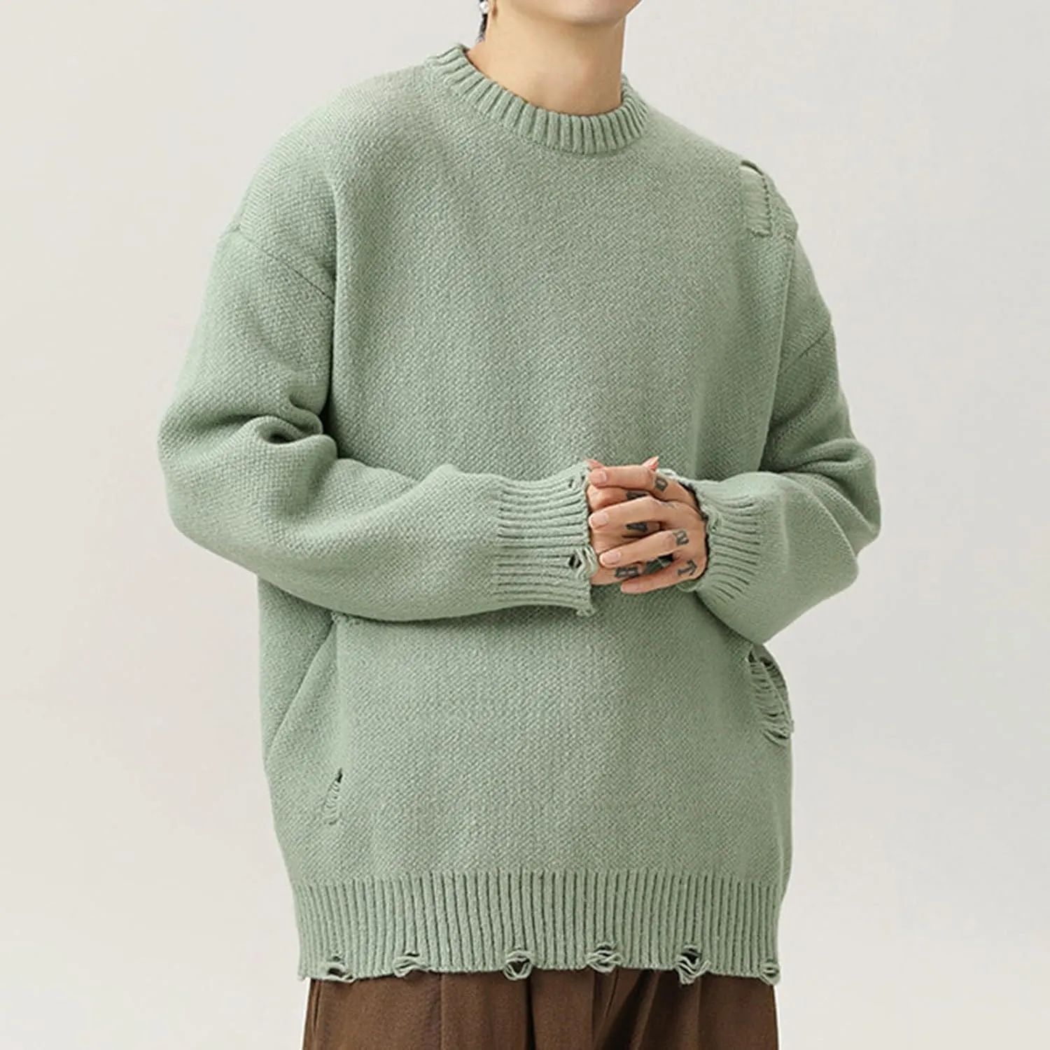Men Stylish Ripped Sweater Pullover Oversized Long Sleeve Distressed Knit Jumpers Tops Winter Casual Party Knitwear