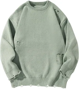 Men Stylish Ripped Sweater Pullover Oversized Long Sleeve Distressed Knit Jumpers Tops Winter Casual Party Knitwear