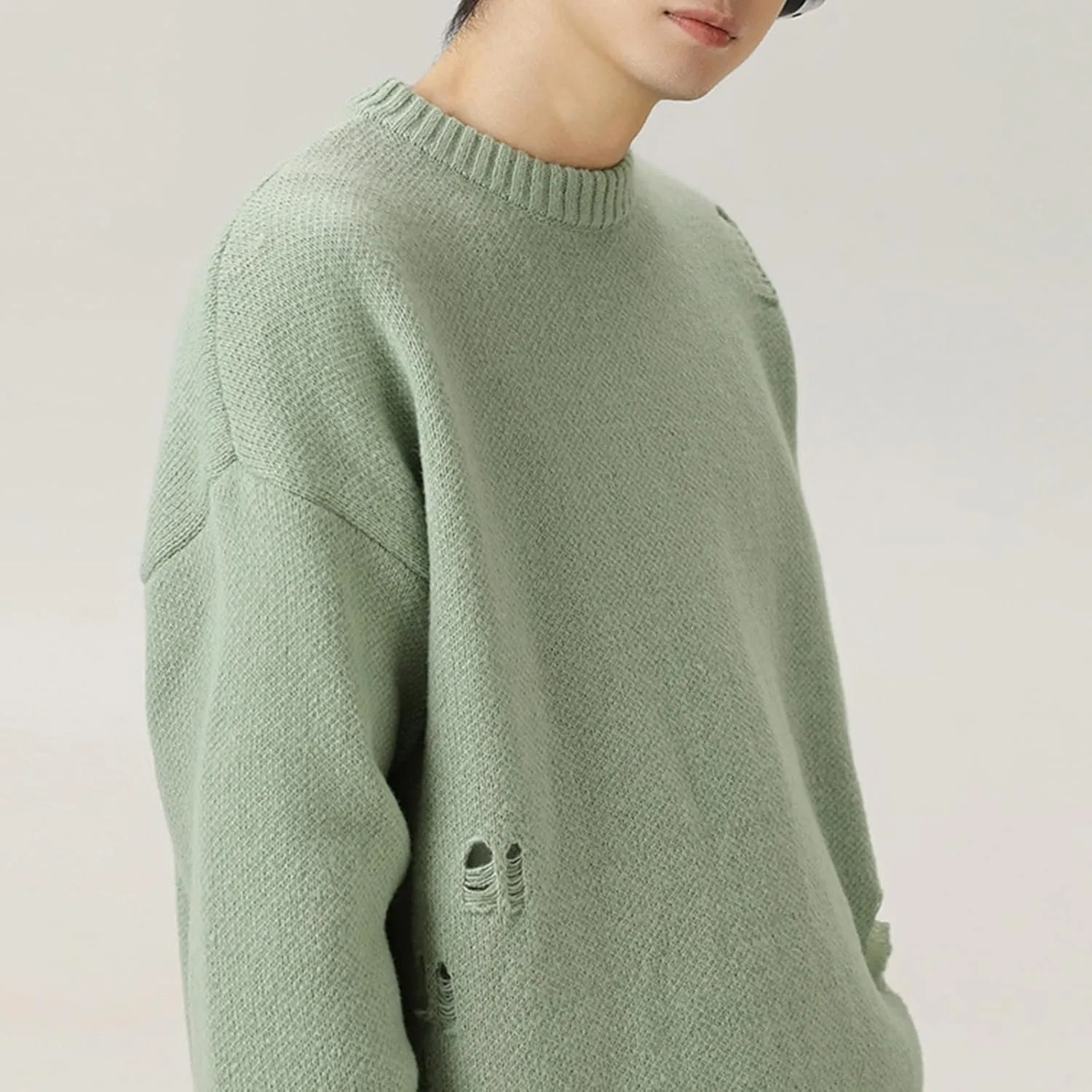 Men Stylish Ripped Sweater Pullover Oversized Long Sleeve Distressed Knit Jumpers Tops Winter Casual Party Knitwear