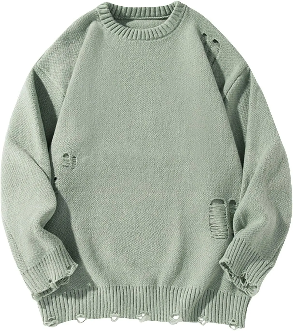 Men Stylish Ripped Sweater Pullover Oversized Long Sleeve Distressed Knit Jumpers Tops Winter Casual Party Knitwear
