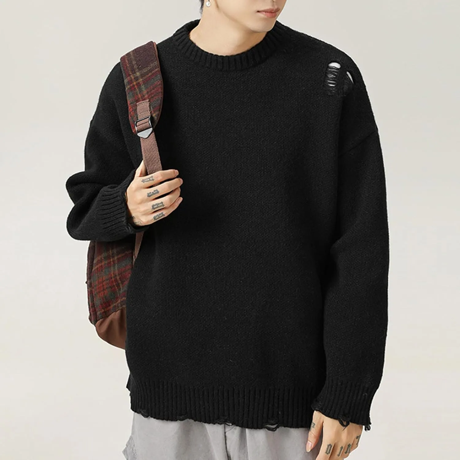 Men Stylish Ripped Sweater Pullover Oversized Long Sleeve Distressed Knit Jumpers Tops Winter Casual Party Knitwear