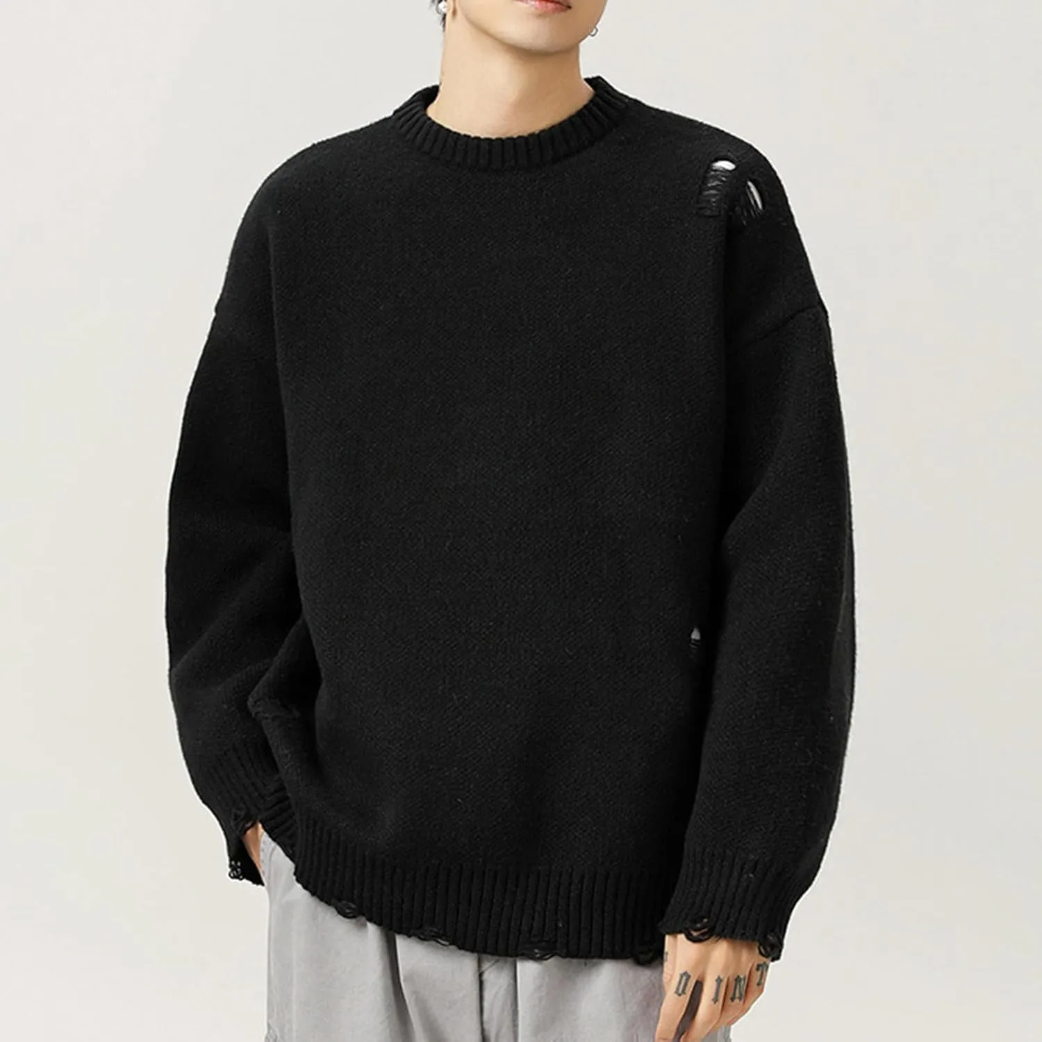 Men Stylish Ripped Sweater Pullover Oversized Long Sleeve Distressed Knit Jumpers Tops Winter Casual Party Knitwear