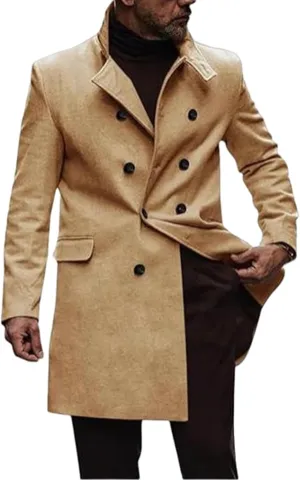 Men Trench Coat Wool Blend Fall Winter Double Breasted Pea Coat Notched Lapel Casual Business Overcoat Warm Soft Jacket