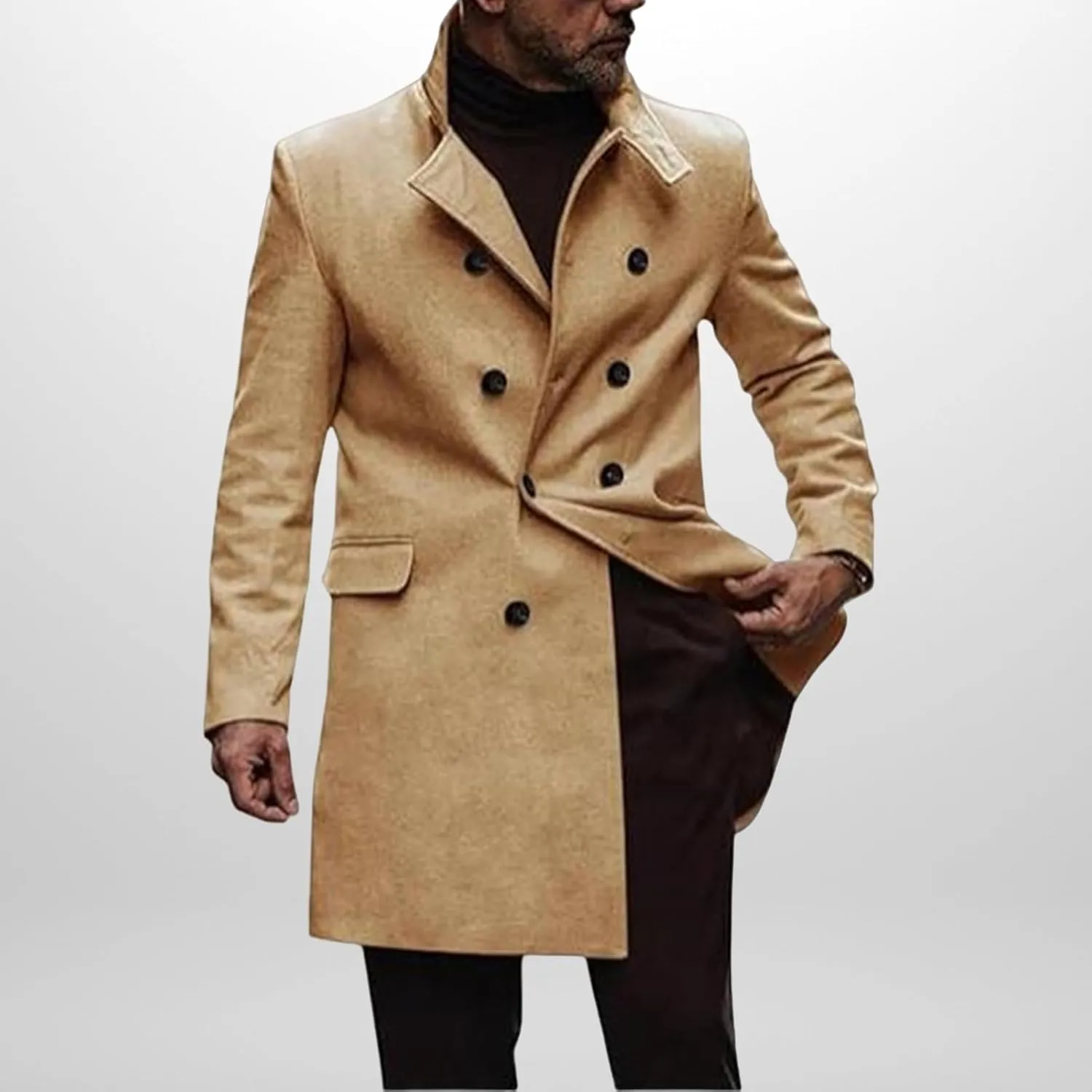Men Trench Coat Wool Blend Fall Winter Double Breasted Pea Coat Notched Lapel Casual Business Overcoat Warm Soft Jacket