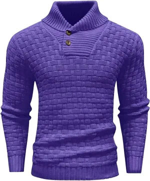Men Winter Shawl Collar Button Sweaters Casual Knitted Pleated Pullover Tops Trendy Warm Long Sleeve Jumper Knitwear