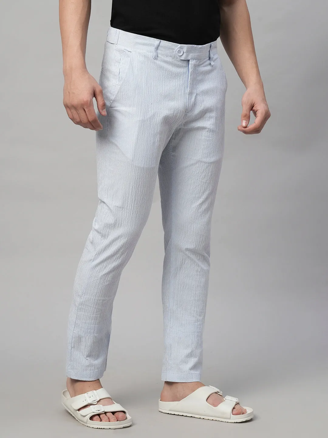 Men's 100% Cotton Seer Sucker Sky Blue Slim Fit Pants