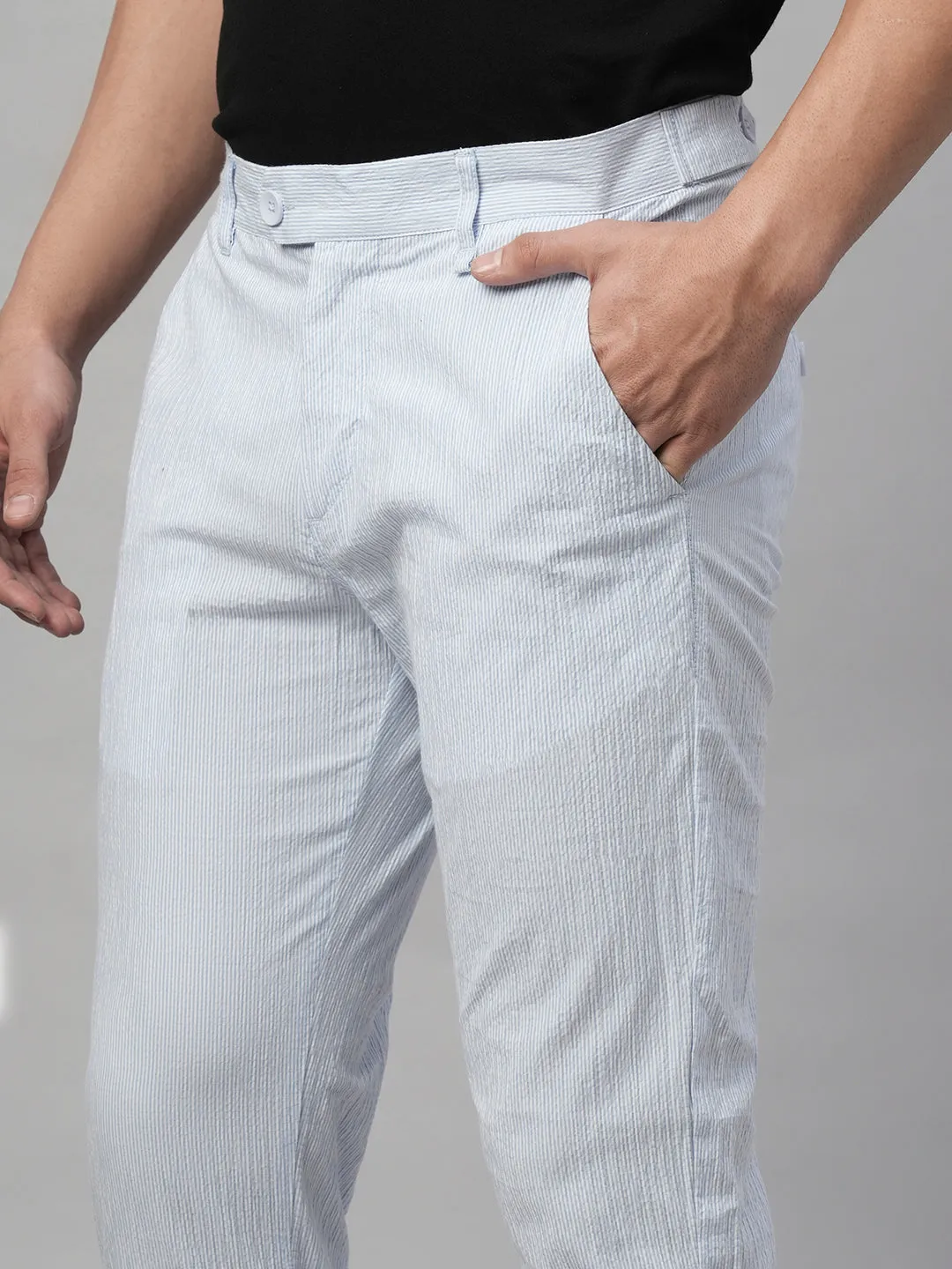 Men's 100% Cotton Seer Sucker Sky Blue Slim Fit Pants