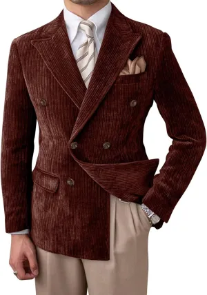 Mens Blazer Corduroy Suit Jacket Double Breasted Sports Jackets for Men Slim Fit Casual Sports Coat for Business