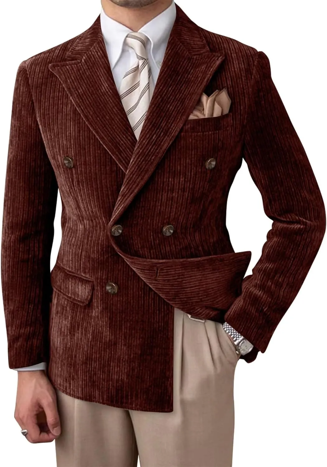 Mens Blazer Corduroy Suit Jacket Double Breasted Sports Jackets for Men Slim Fit Casual Sports Coat for Business