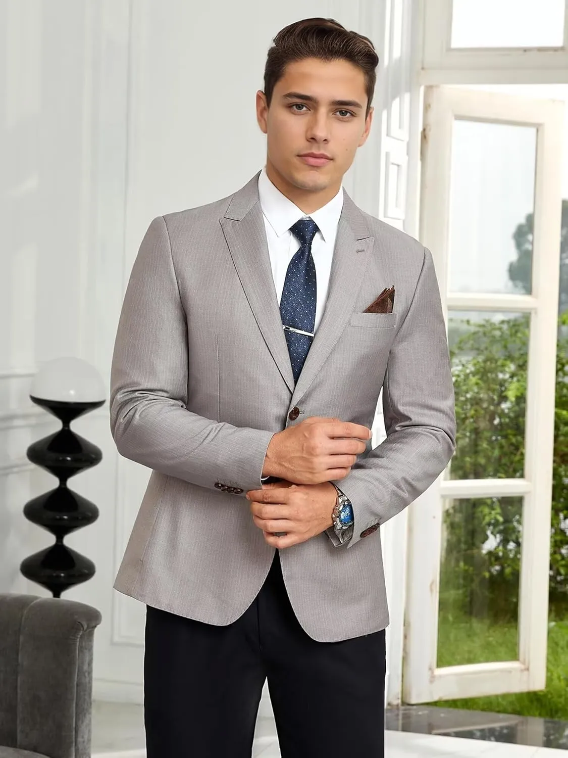 Mens Blazer Jacket Slim Fit Sports Coats for Men Two Button Casual Sports Coat for Business Pinstripe Suit Jacket