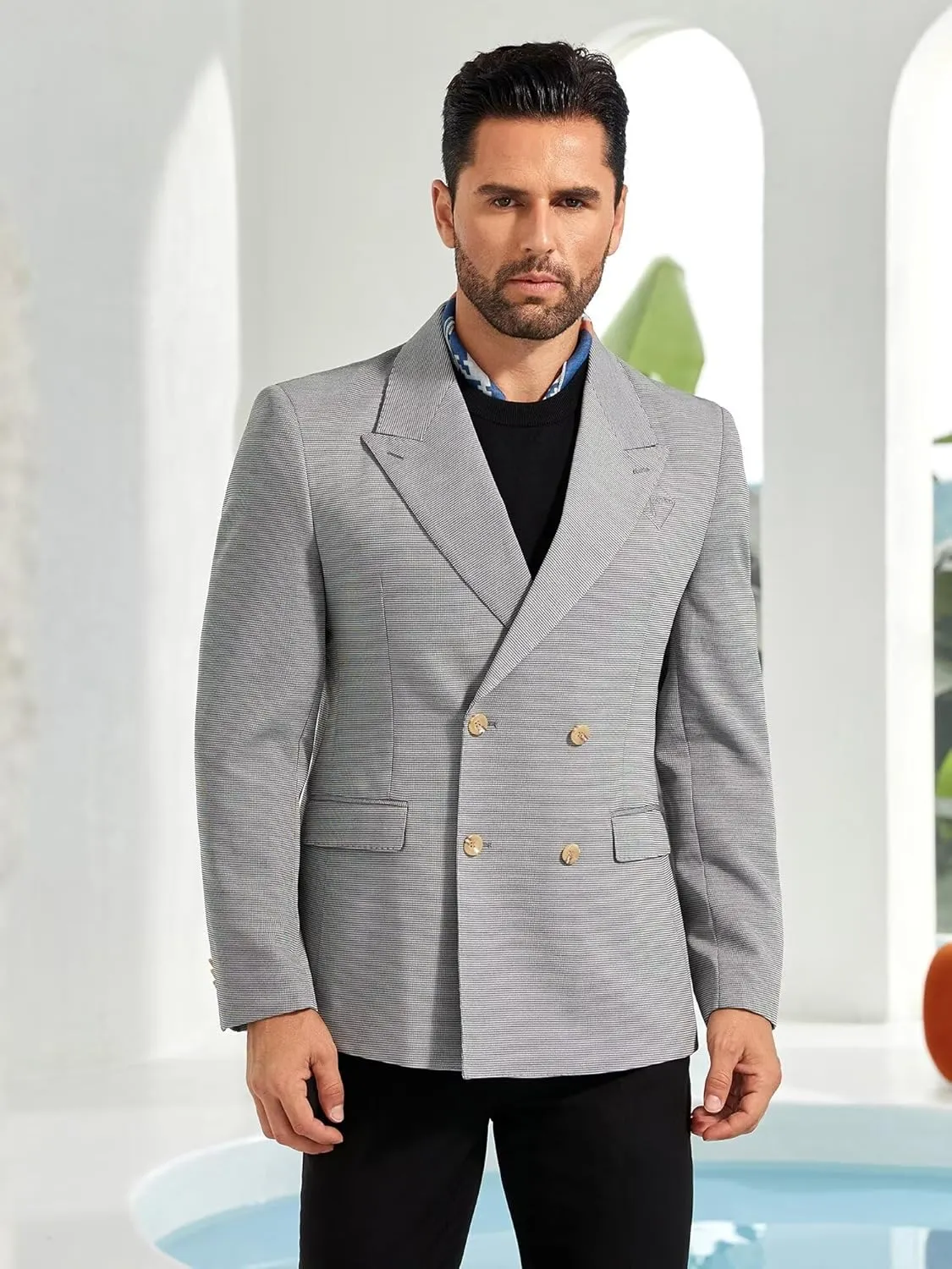 Mens Blazer Peak Lapel Suit Jacket Double Breasted Sports Jackets for Men Slim Fit Casual Sports Coat for Business