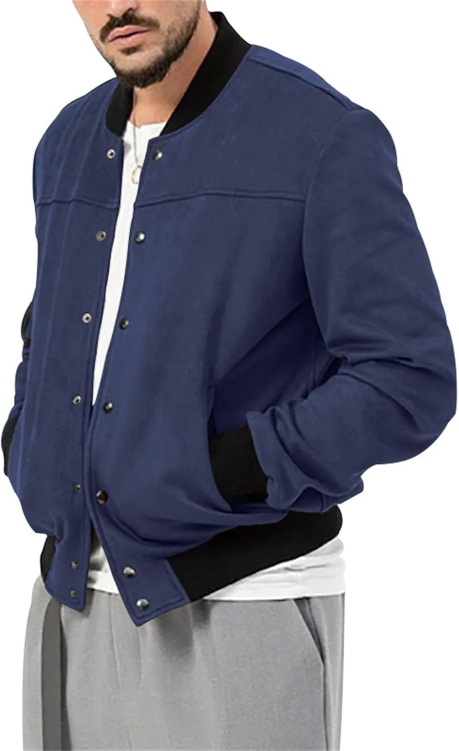 Mens Bomber Jacket Casual Varsity Jackets Long Sleeve Button Down Cardigan Coat Faux Suede Windbreaker Fall Spring