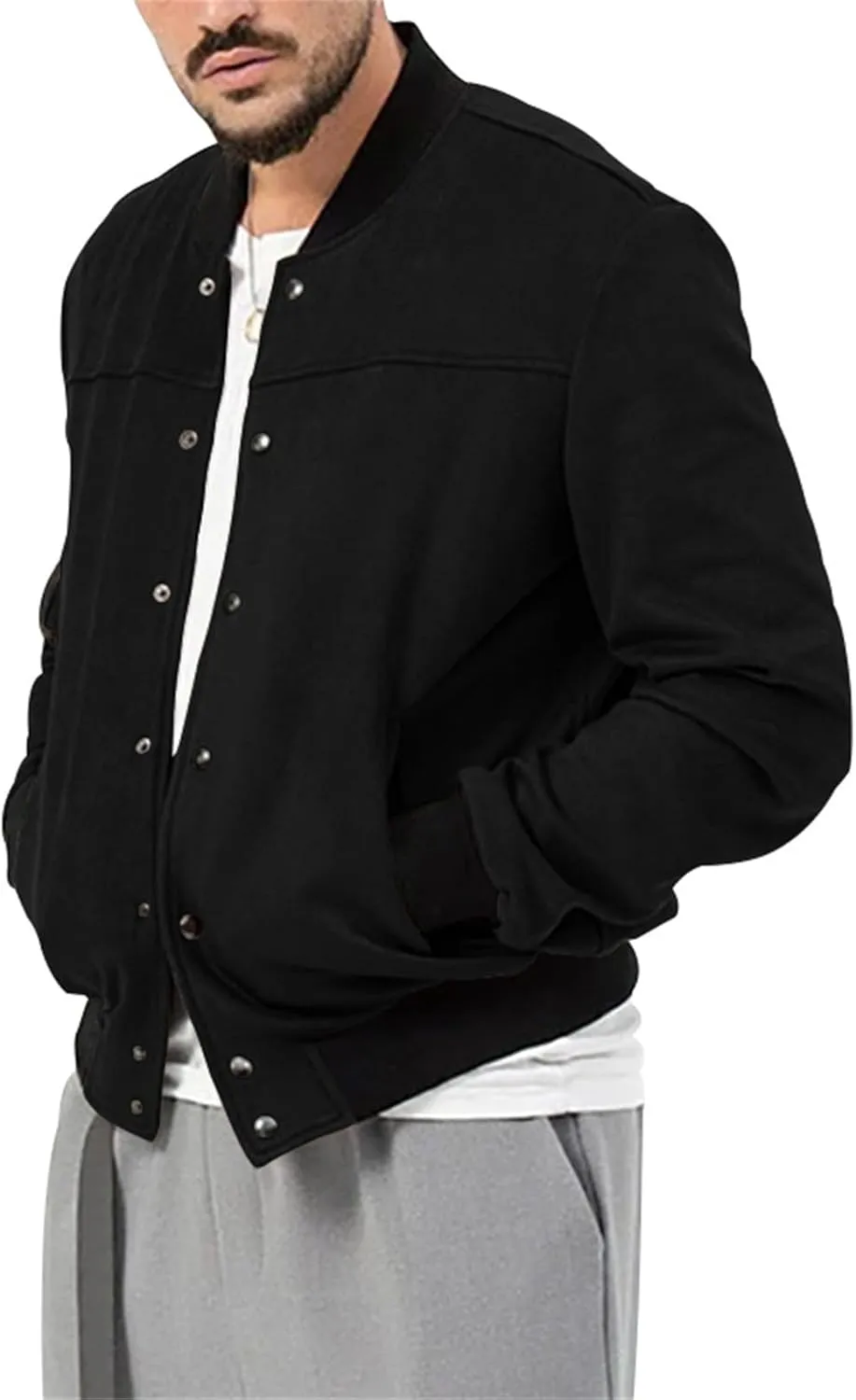 Mens Bomber Jacket Casual Varsity Jackets Long Sleeve Button Down Cardigan Coat Faux Suede Windbreaker Fall Spring