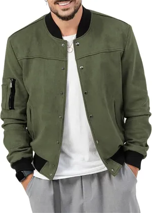 Mens Bomber Jacket Casual Varsity Jackets Long Sleeve Button Down Cardigan Coat Faux Suede Windbreaker Fall Spring
