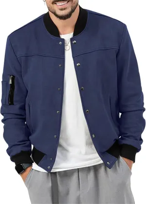 Mens Bomber Jacket Casual Varsity Jackets Long Sleeve Button Down Cardigan Coat Faux Suede Windbreaker Fall Spring