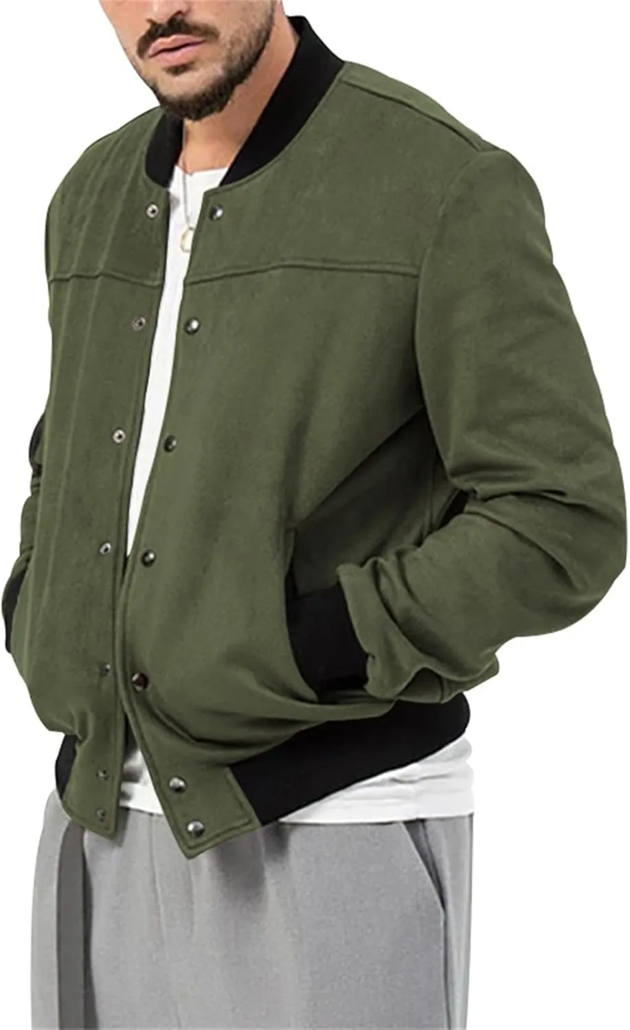 Mens Bomber Jacket Casual Varsity Jackets Long Sleeve Button Down Cardigan Coat Faux Suede Windbreaker Fall Spring