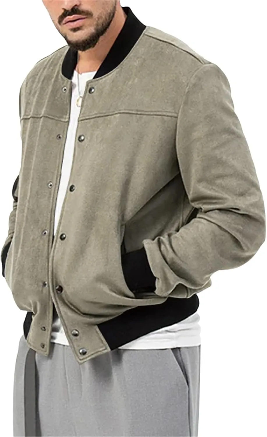 Mens Bomber Jacket Casual Varsity Jackets Long Sleeve Button Down Cardigan Coat Faux Suede Windbreaker Fall Spring