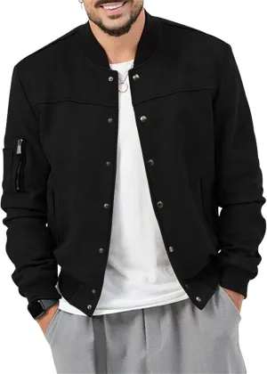 Mens Bomber Jacket Casual Varsity Jackets Long Sleeve Button Down Cardigan Coat Faux Suede Windbreaker Fall Spring