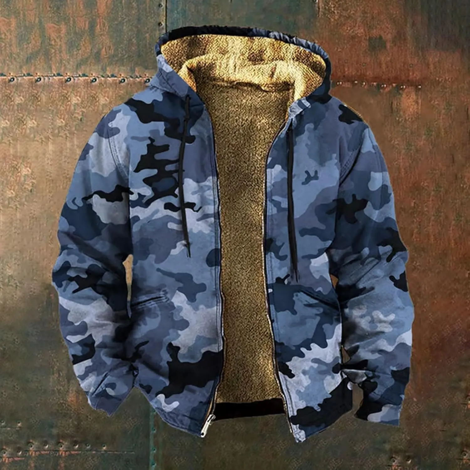 Mens Camo Hooded Jacket Vintage Full Zip Fleece Lined Hoodies Winter Warm Casual Long Sleeve Camouflage Jackets