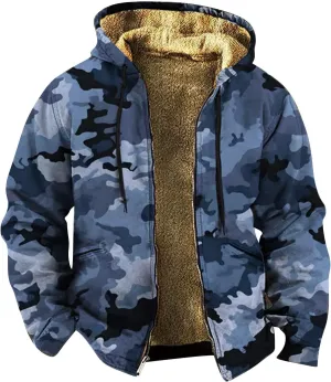 Mens Camo Hooded Jacket Vintage Full Zip Fleece Lined Hoodies Winter Warm Casual Long Sleeve Camouflage Jackets