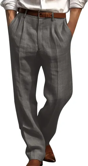 Men's Casual Cotton Linen Pants Baggy Summer Loose Fit Dress Pants with Pockets Breathable Trousers for Work