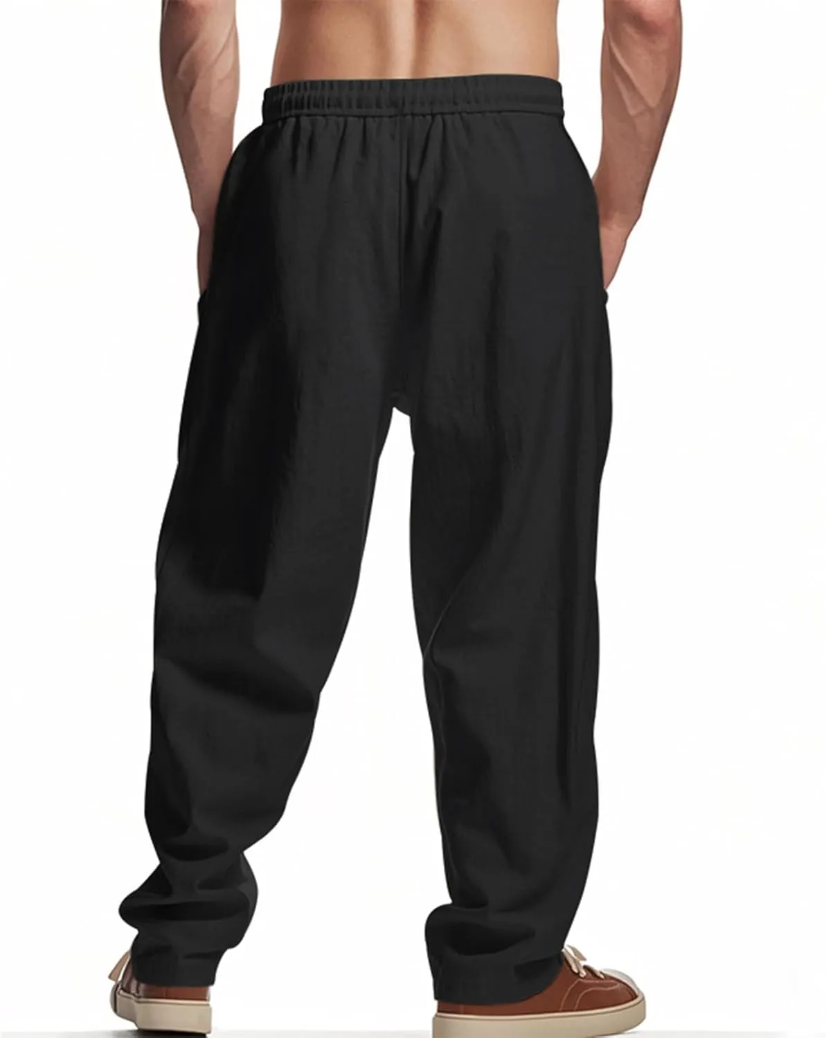 Men's Casual Linen Pants Beach Summer Elastic Waist Drawstring Breathable Pants Lightweight Linen Trousers