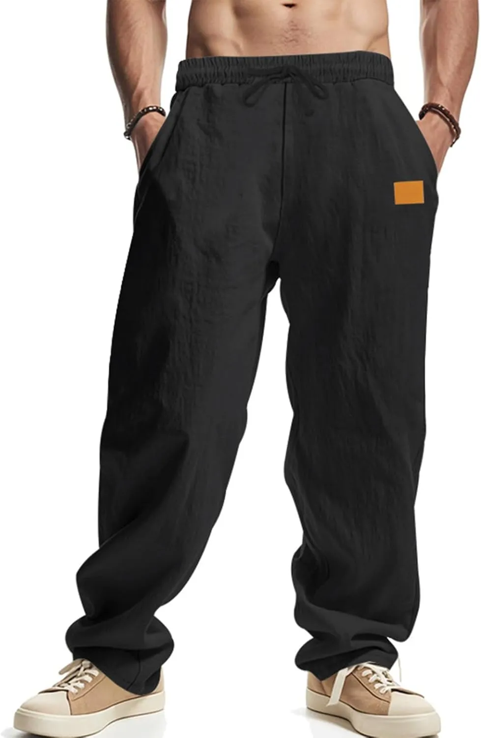 Men's Casual Linen Pants Beach Summer Elastic Waist Drawstring Breathable Pants Lightweight Linen Trousers
