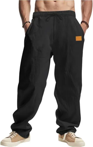 Men's Casual Linen Pants Beach Summer Elastic Waist Drawstring Breathable Pants Lightweight Linen Trousers