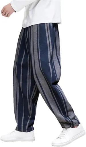 Mens Cotton Linen Side Stripe Harem Pants Drawstring Casual Vintage Joggers Pants with Drawstring