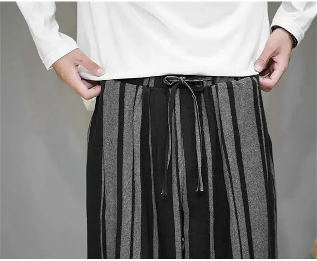 Mens Cotton Linen Side Stripe Harem Pants Drawstring Casual Vintage Joggers Pants with Drawstring