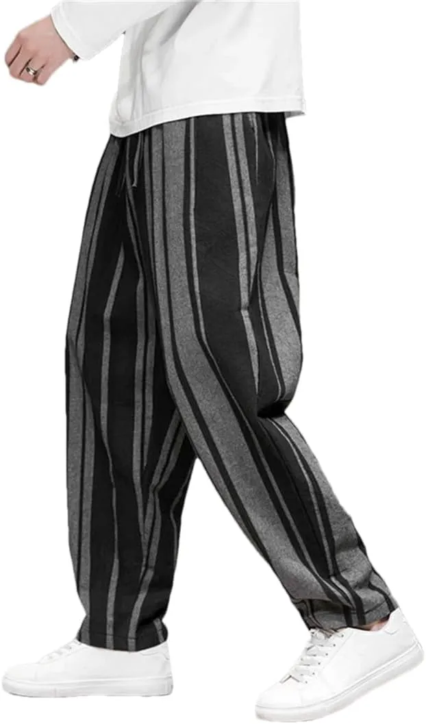 Mens Cotton Linen Side Stripe Harem Pants Drawstring Casual Vintage Joggers Pants with Drawstring