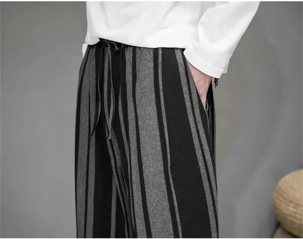 Mens Cotton Linen Side Stripe Harem Pants Drawstring Casual Vintage Joggers Pants with Drawstring
