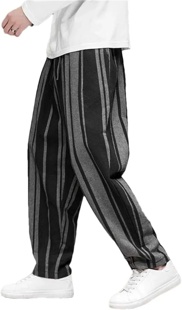 Mens Cotton Linen Side Stripe Harem Pants Drawstring Casual Vintage Joggers Pants with Drawstring